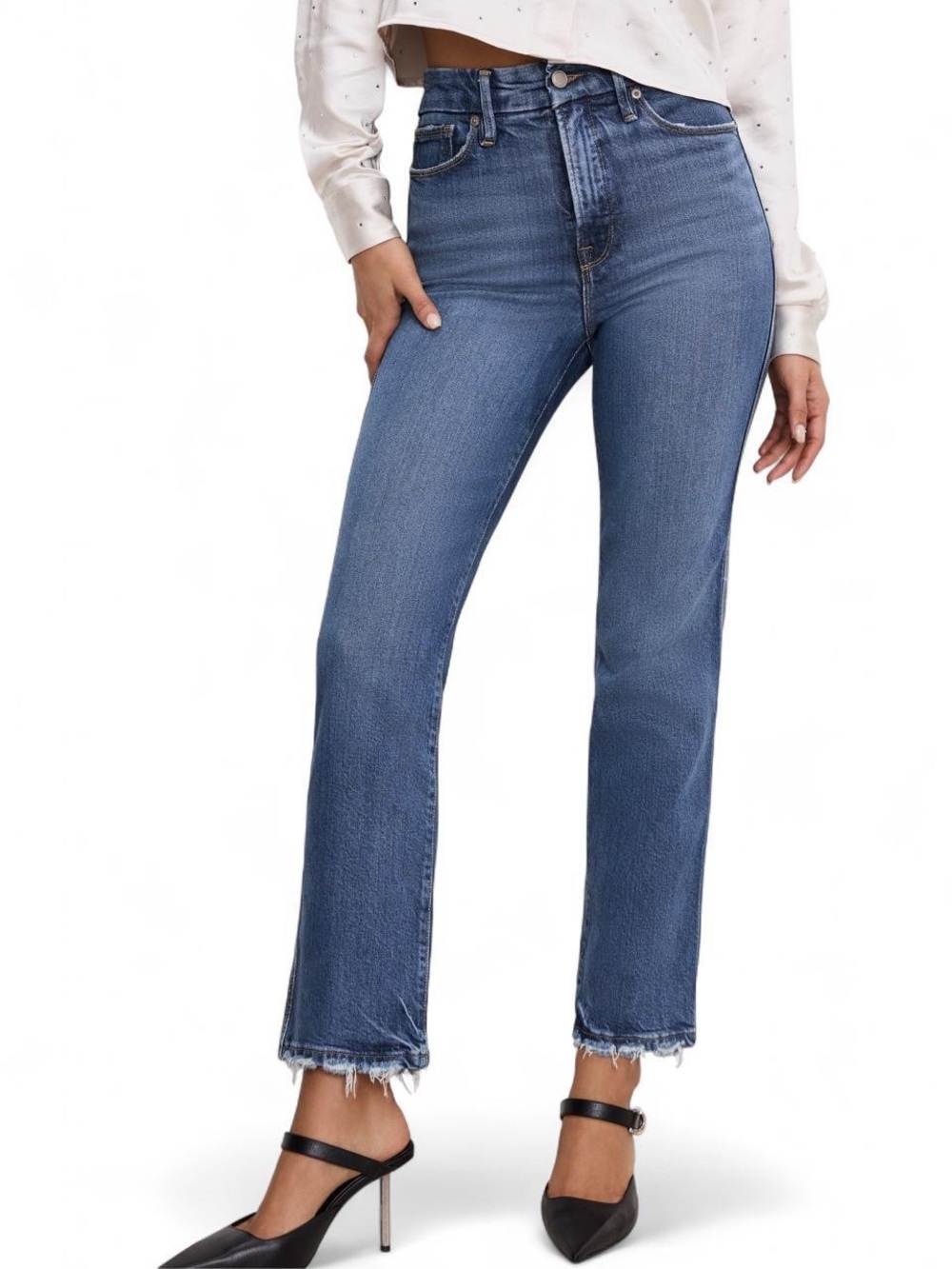 Good American Good Curve Straight Indigo Jeans with frayed hem. SZ 8/29